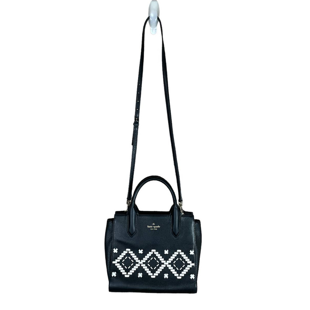 Kate Spade Meriwether Flynn Street Black Satchel Purse White Tribal Stitching